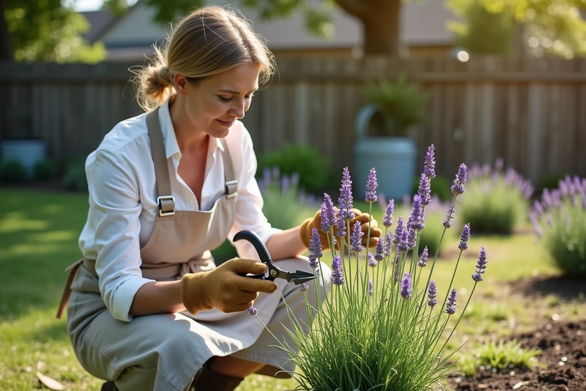 Jardinière agenouillée examinant une lavande affaissée dans son jardin, cisailles à la main, expression préoccupée
