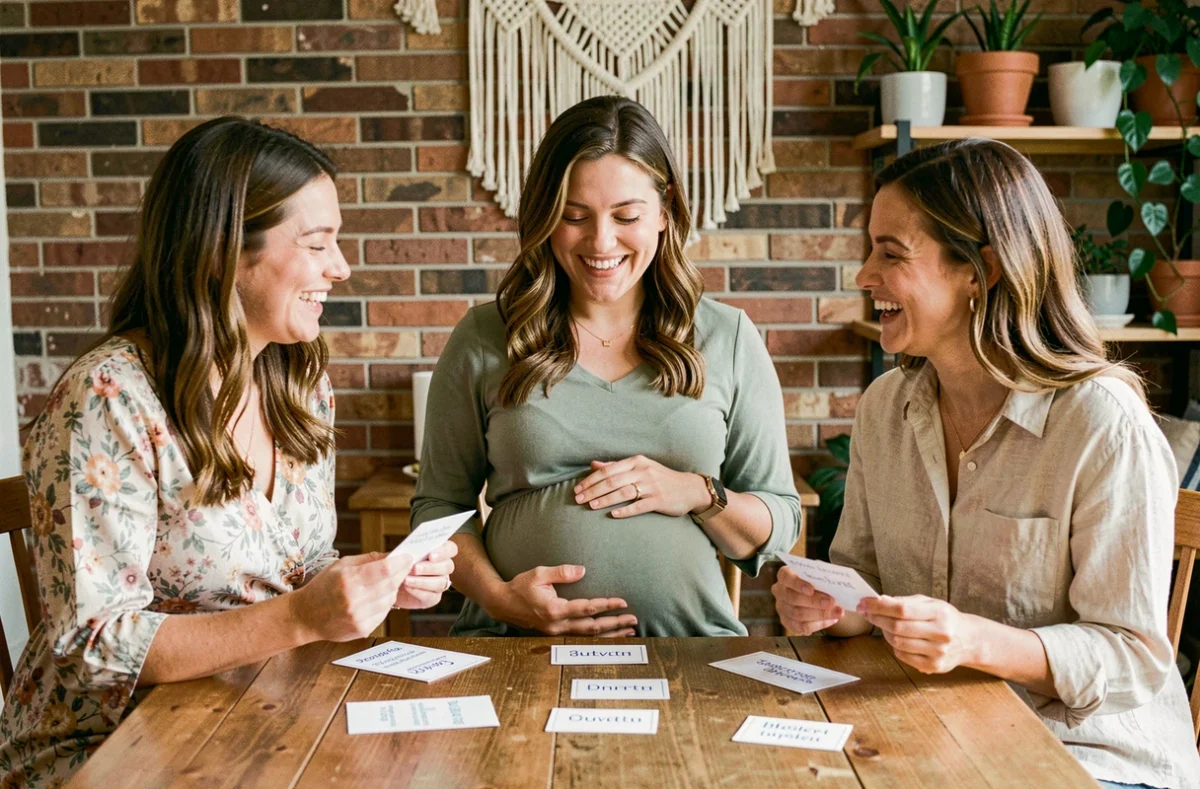 Trois femmes jouant à un jeu de baby shower autour d'une table en bois, dont une future maman en robe de maternité verte, dans un intérieur cosy décoré