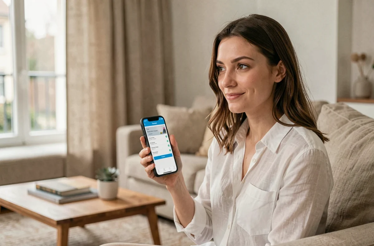 Jeune femme consultant son application bancaire mobile sur smartphone dans un salon contemporain