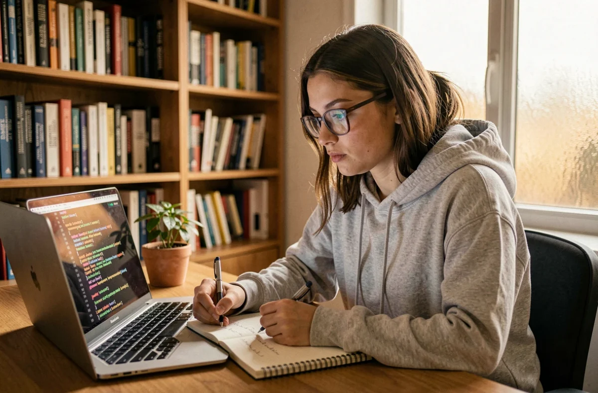 Jeune femme apprenant à coder sur un ordinateur portable dans un bureau à domicile, prenant des notes manuscrites sur la programmation