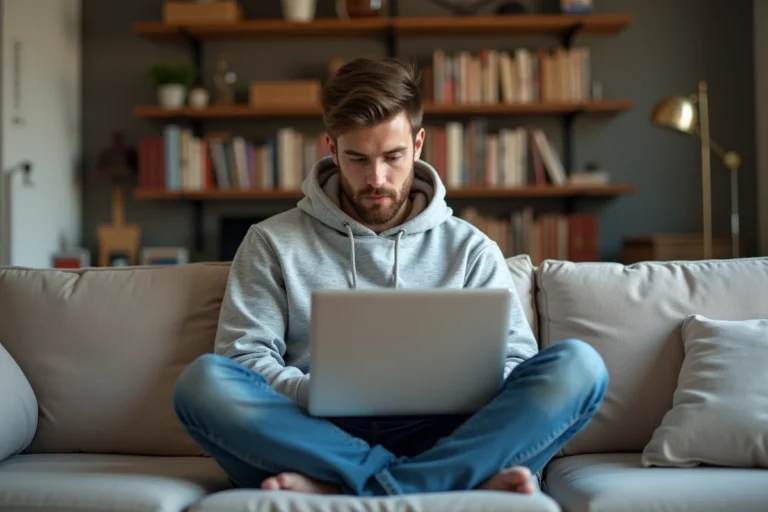 Jeune homme en hoodie sur un sofa moderne