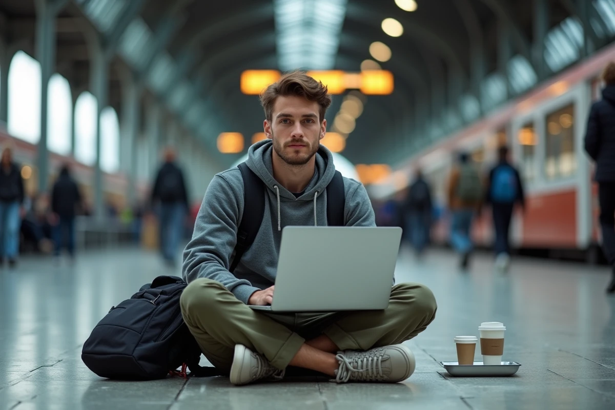 Jeune voyageur assis dans une gare européenne avec son ordinateur portable planifiant son itinéraire de voyage à petit budget