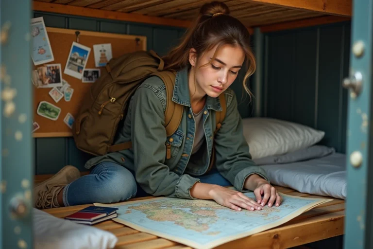 Jeune femme voyageuse consultant une carte dans un dortoir d'auberge de jeunesse avec son sac à dos et ses affaires de voyage