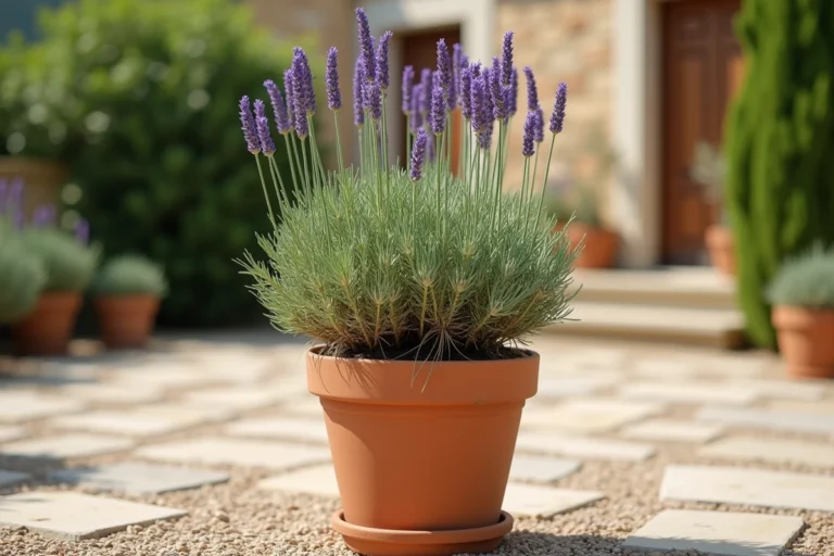 Plant de lavande affaissé dans un pot en terre cuite sur une terrasse en pierre, tiges retombantes et feuillage jaunissant