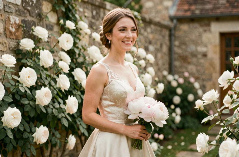 Jeune femme en robe de mariée ivoire dans un jardin de campagne française avec des roses blanches en arrière-plan