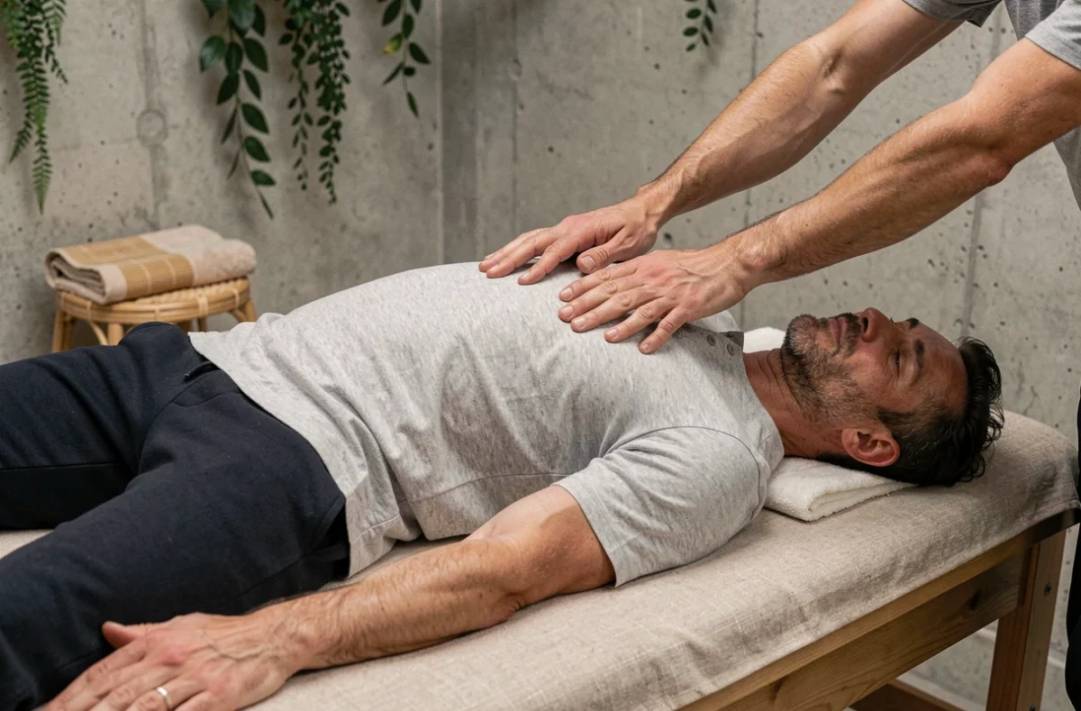 Homme recevant un massage thérapeutique dans un centre de bien-être moderne, innovations en guérison