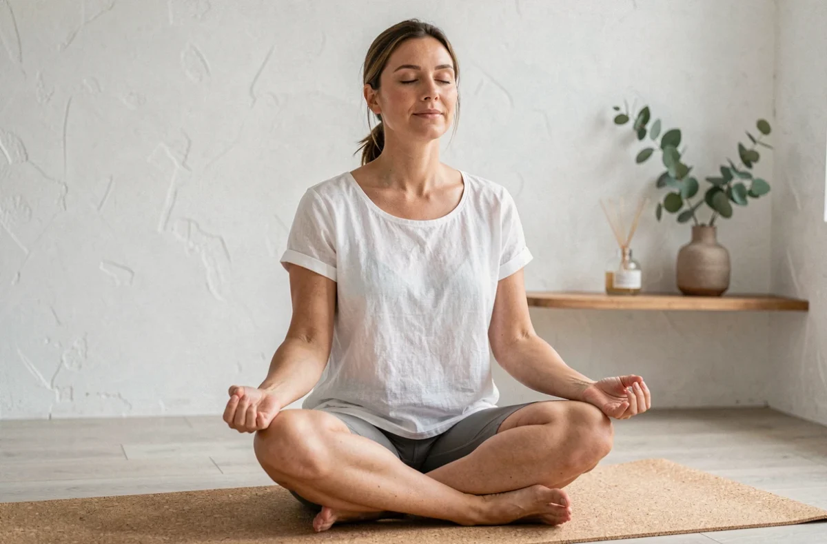 Femme pratiquant la méditation dans un studio de bien-être minimaliste, tendances bien-être et guérison