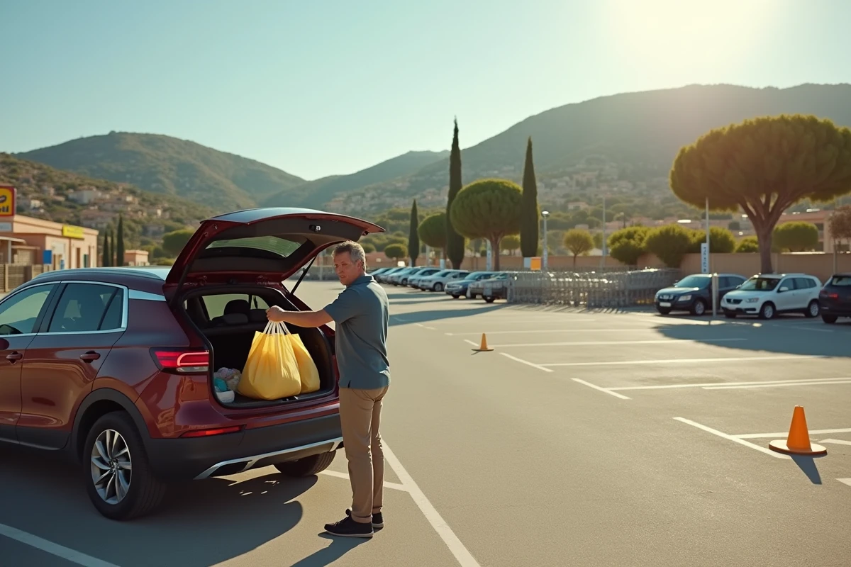Parking d'un supermarché Lidl en ville corse avec un client chargeant ses courses dans sa voiture