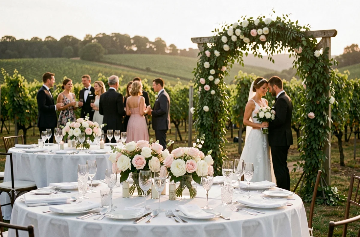 Réception de mariage en plein air dans un vignoble français avec tables décorées et couple de mariés sous une arche en bois