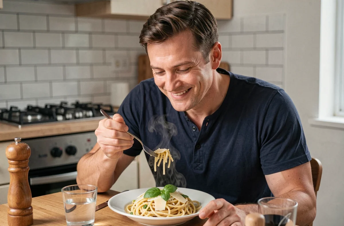 Homme dégustant un plat de pâtes maison simple et rapide dans une petite cuisine urbaine