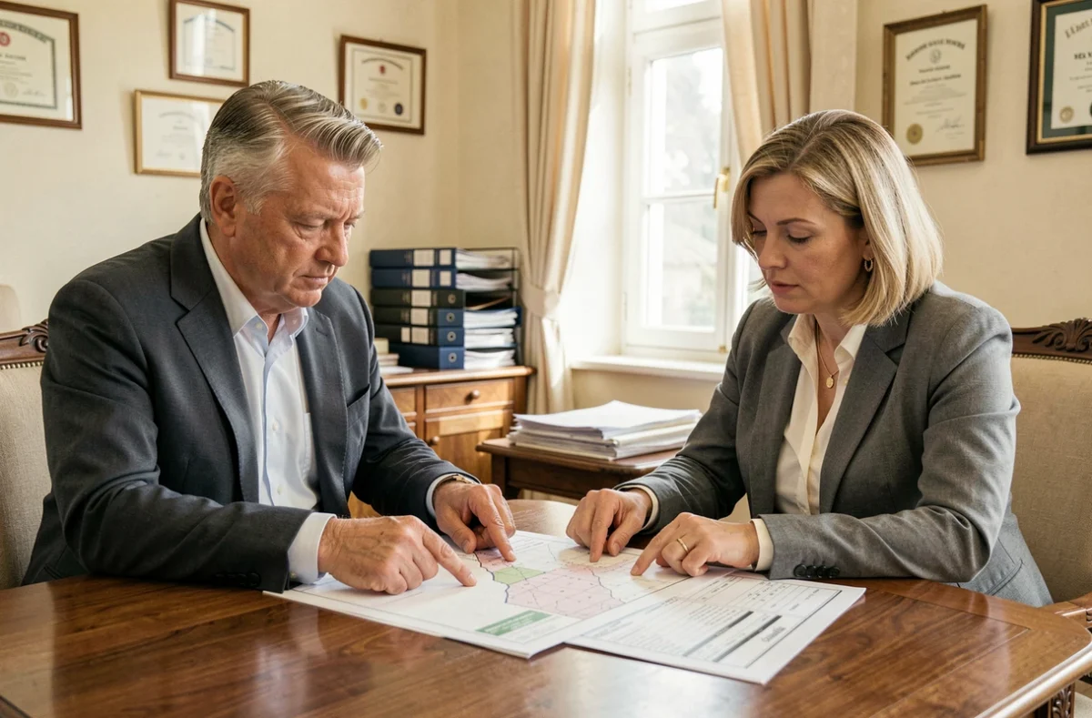 Deux professionnels examinant des extraits du cadastre et une revue foncière dans un bureau de notaire