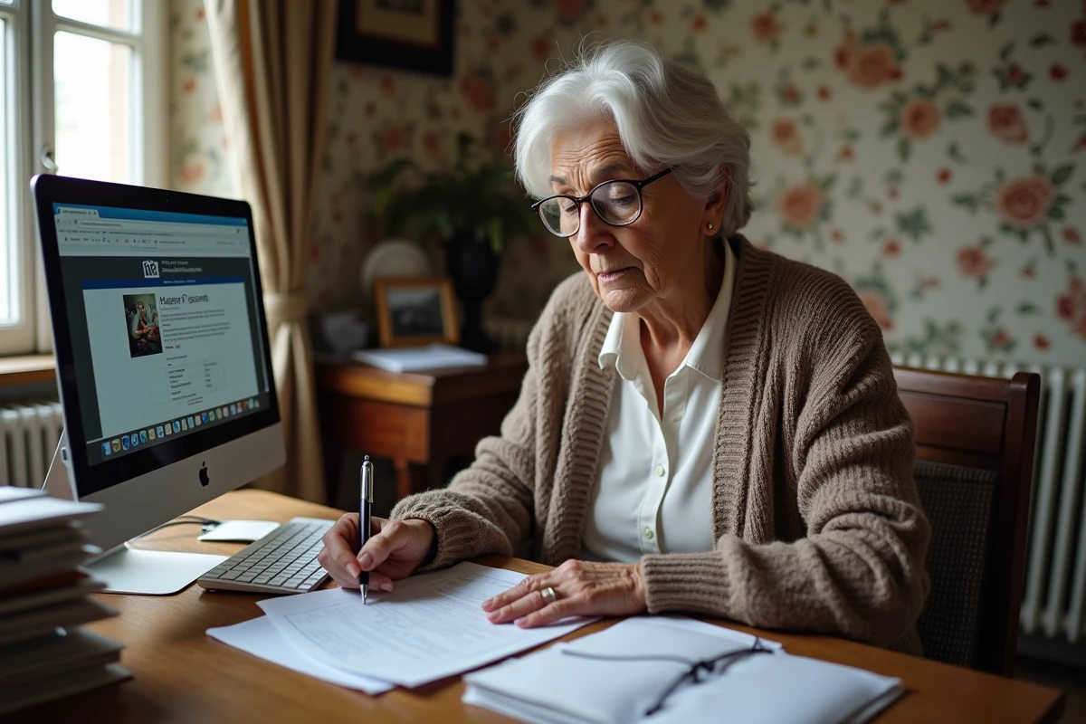 Femme senior remplissant un formulaire de demande d'aide MaPrimeRénov à son bureau à domicile