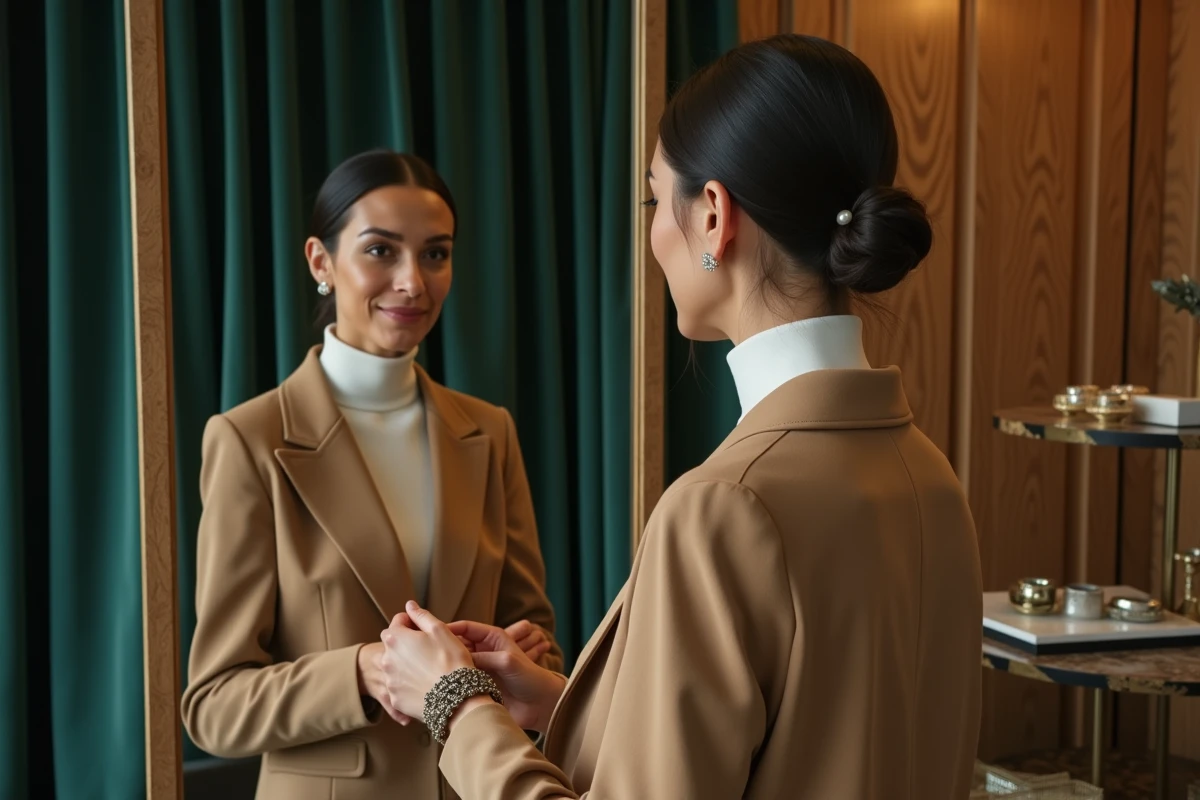 Femme mature essayant des accessoires uniques dans une boutique élégante aux décors vintage et velours vert