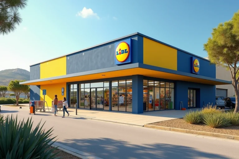 Façade extérieure d'un supermarché Lidl en Corse avec des clients à l'entrée par une journée ensoleillée