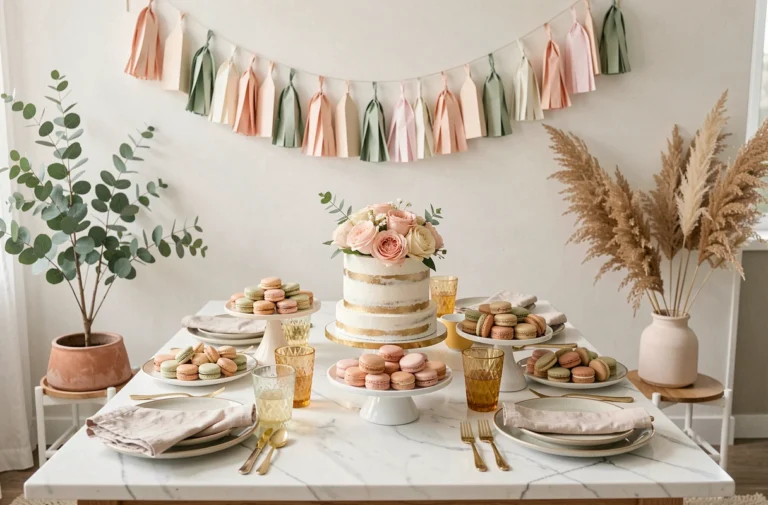Table de baby shower décorée avec des pâtisseries pastel, des fleurs et des guirlandes en papier dans un salon moderne et tendance 2024