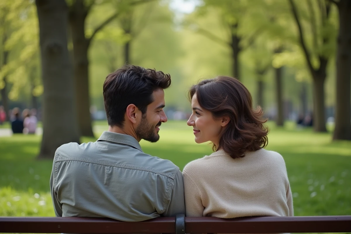 Couple détendu assis sur un banc dans un parc parisien, évoquant la vie personnelle et familiale d'un homme politique français
