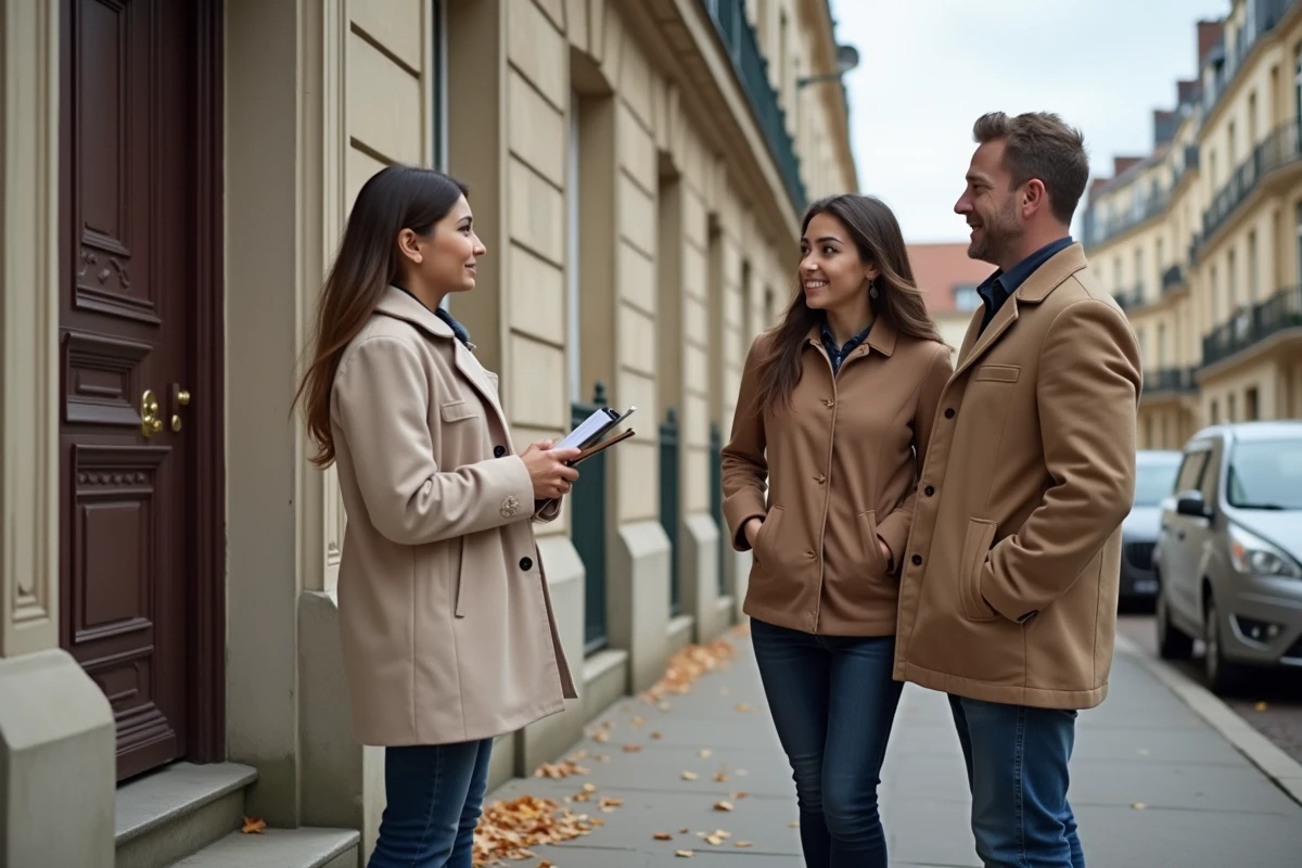 Agente immobilière France Immo présentant un bien locatif à des locataires potentiels devant un immeuble haussmannien