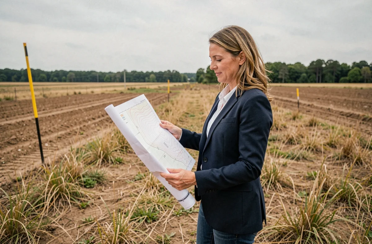 Femme consultant une carte foncière lors d'une visite de terrain non constructible avant investissement