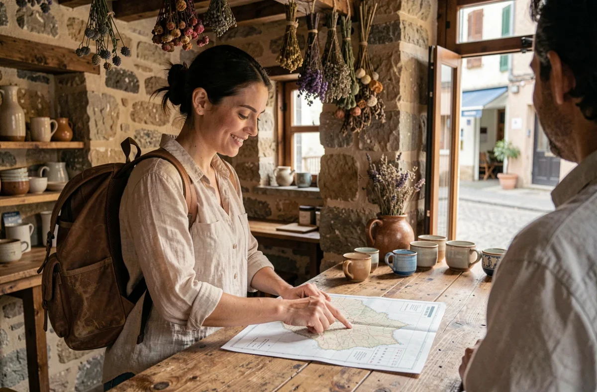 Voyageuse traçant son itinéraire sur une carte papier dans un café côtier local, échangeant avec un habitant